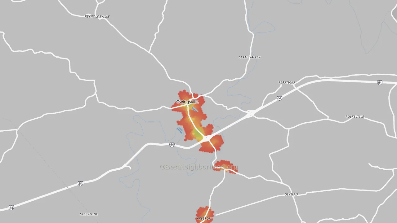 Walk Grade map of Owingsville, KY, walkable areas in green and car-dependent areas in red