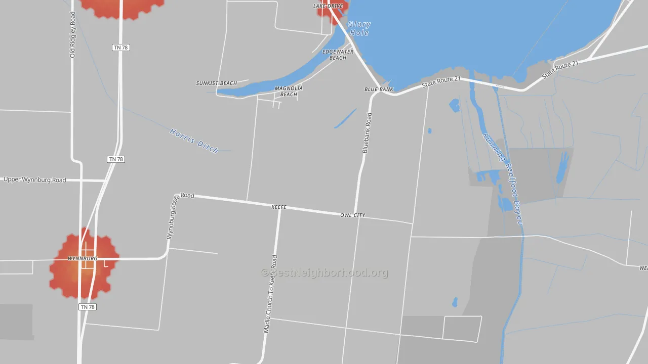 Walk Grade map of Owl City, TN, walkable areas in green and car-dependent areas in red
