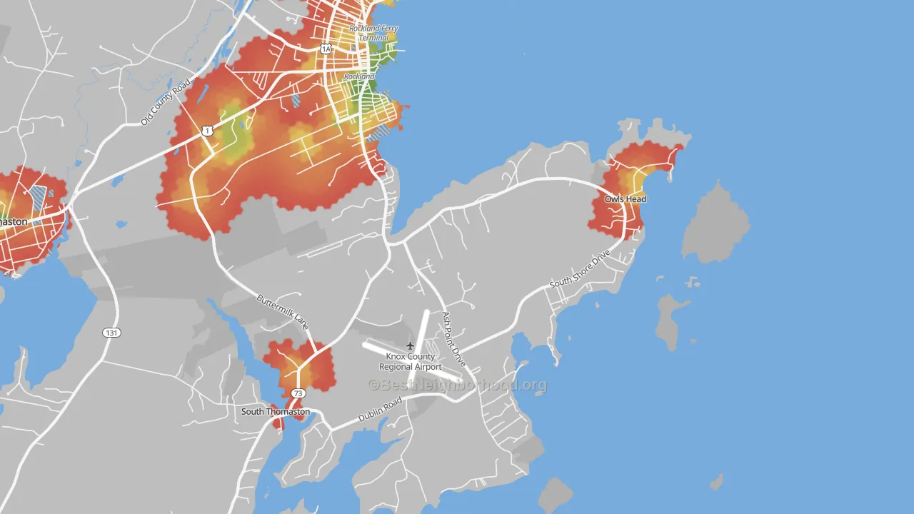 Walk Grade map of Owls Head, ME, walkable areas in green and car-dependent areas in red