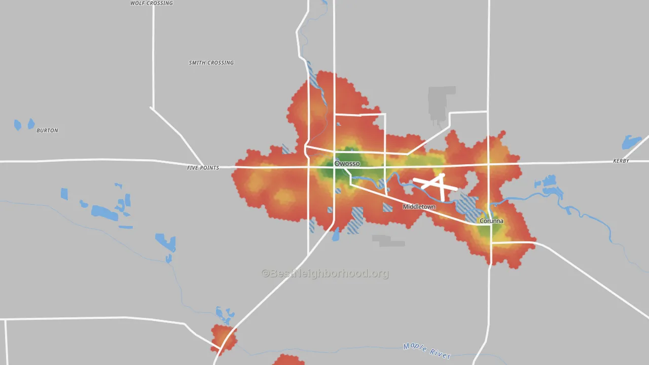 Walk Grade map of Owosso, MI, walkable areas in green and car-dependent areas in red