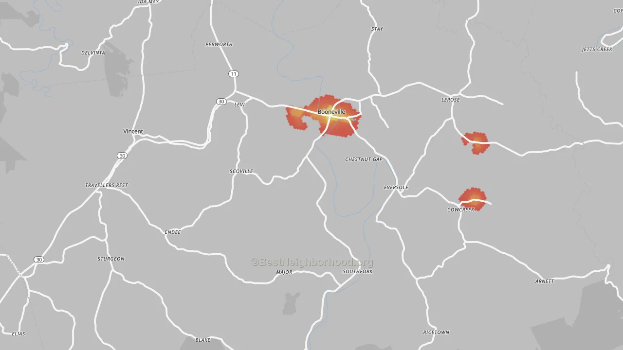 Walk Grade map of Owsley County, KY, walkable areas in green and car-dependent areas in red