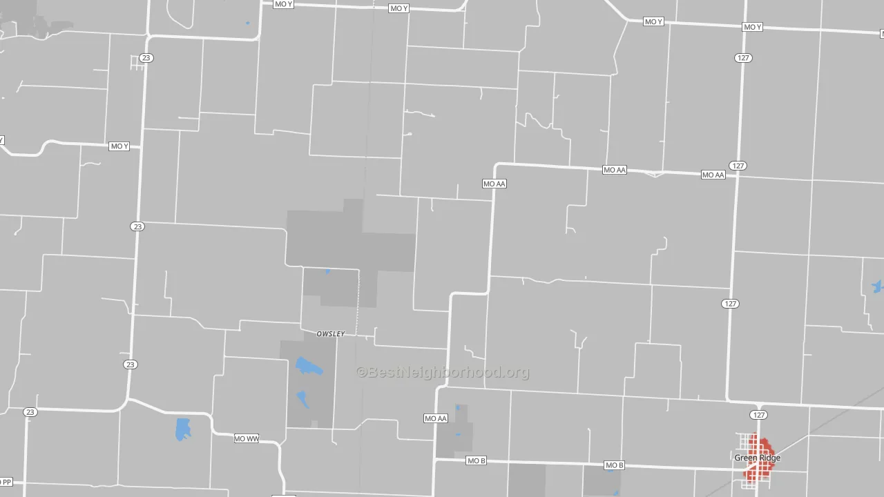 Walk Grade map of Owsley, MO, walkable areas in green and car-dependent areas in red
