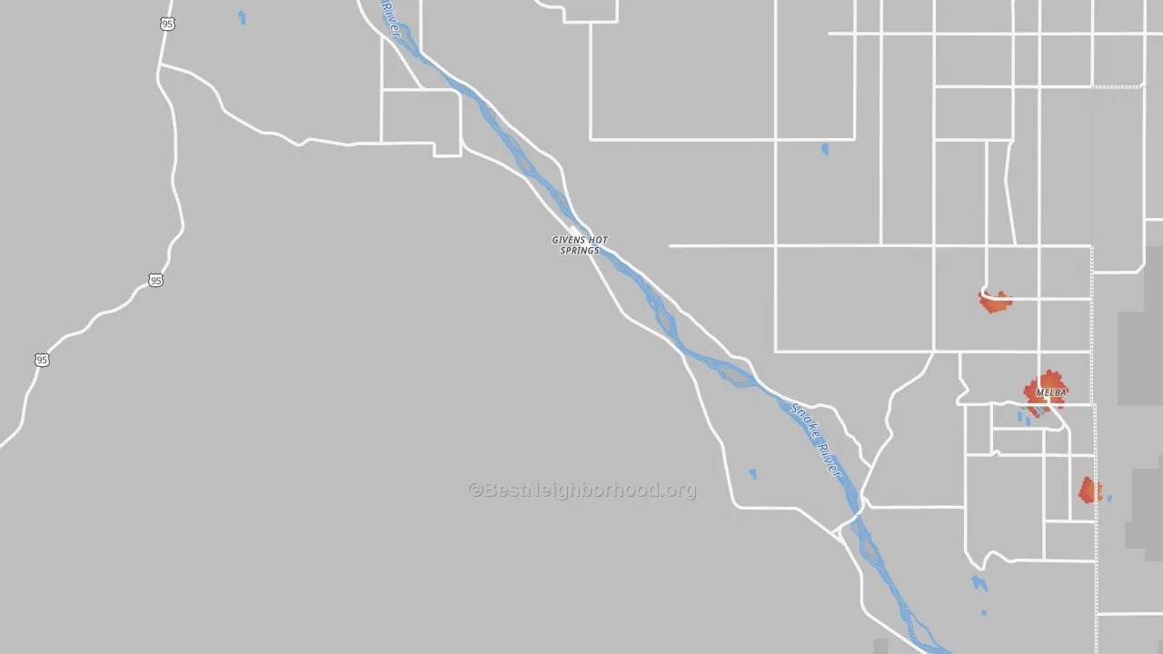 Walk Grade map of Owyhee County, ID, walkable areas in green and car-dependent areas in red