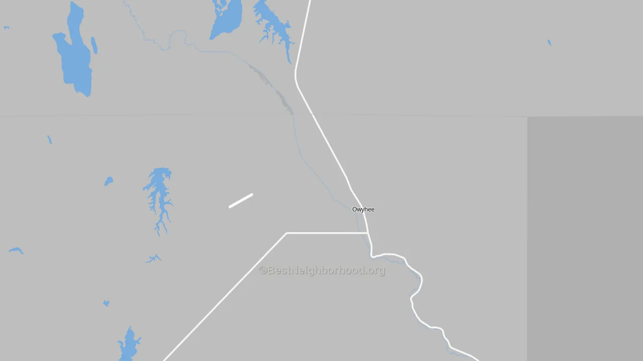 Walk Grade map of Owyhee, NV, walkable areas in green and car-dependent areas in red