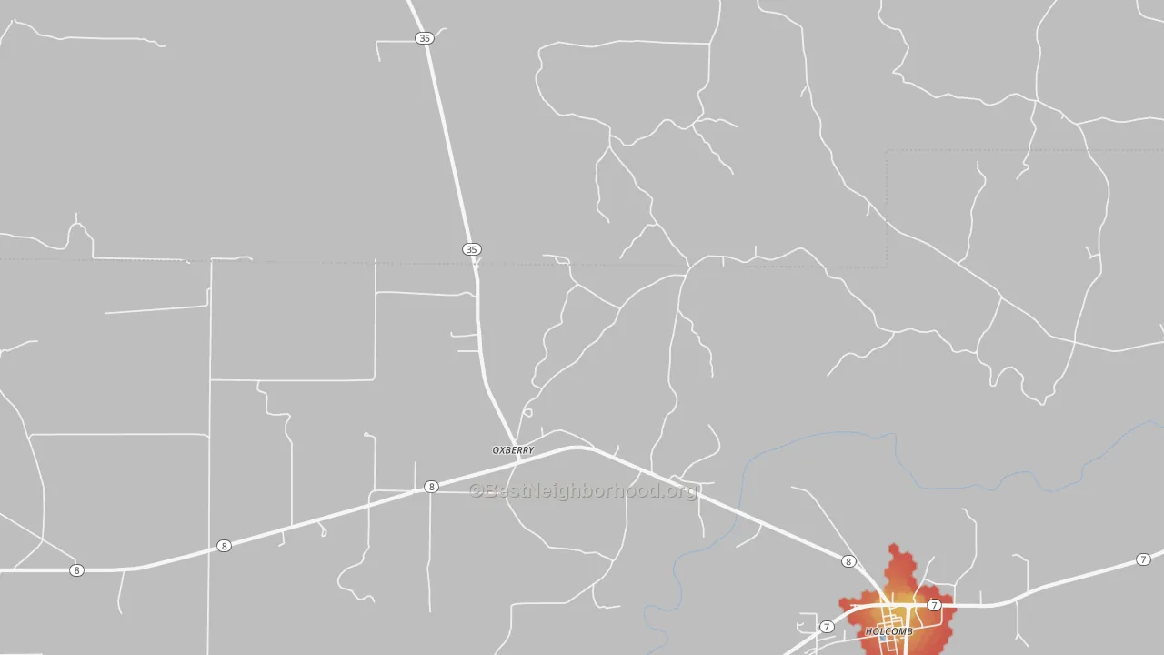 Walk Grade map of Oxberry, MS, walkable areas in green and car-dependent areas in red