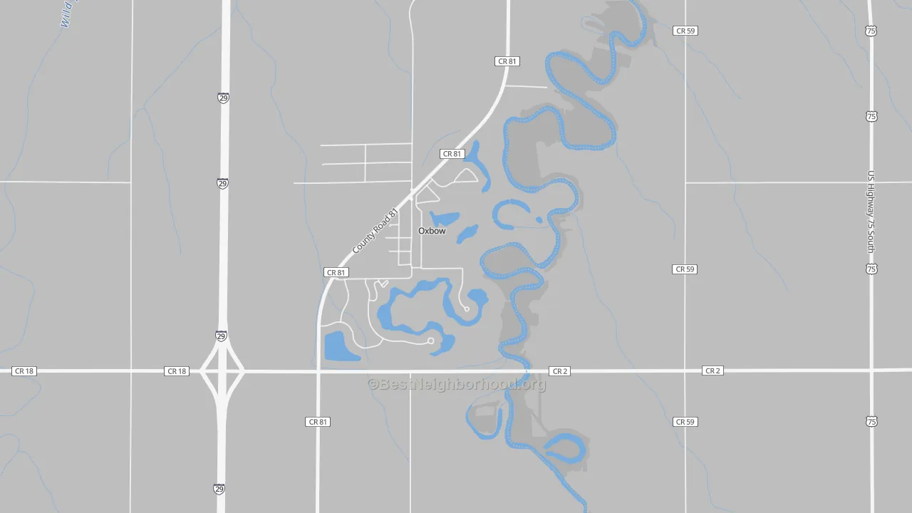 Walk Grade map of Oxbow, ND, walkable areas in green and car-dependent areas in red