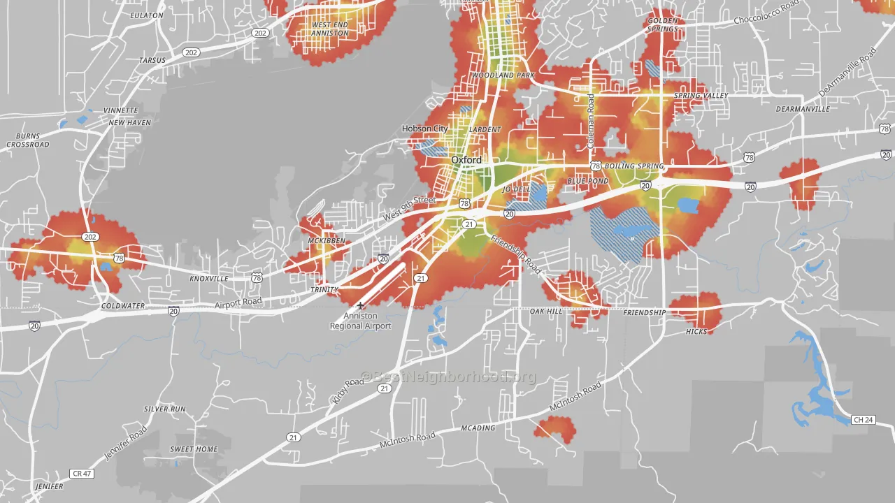 Walk Grade map of Oxford, AL, walkable areas in green and car-dependent areas in red