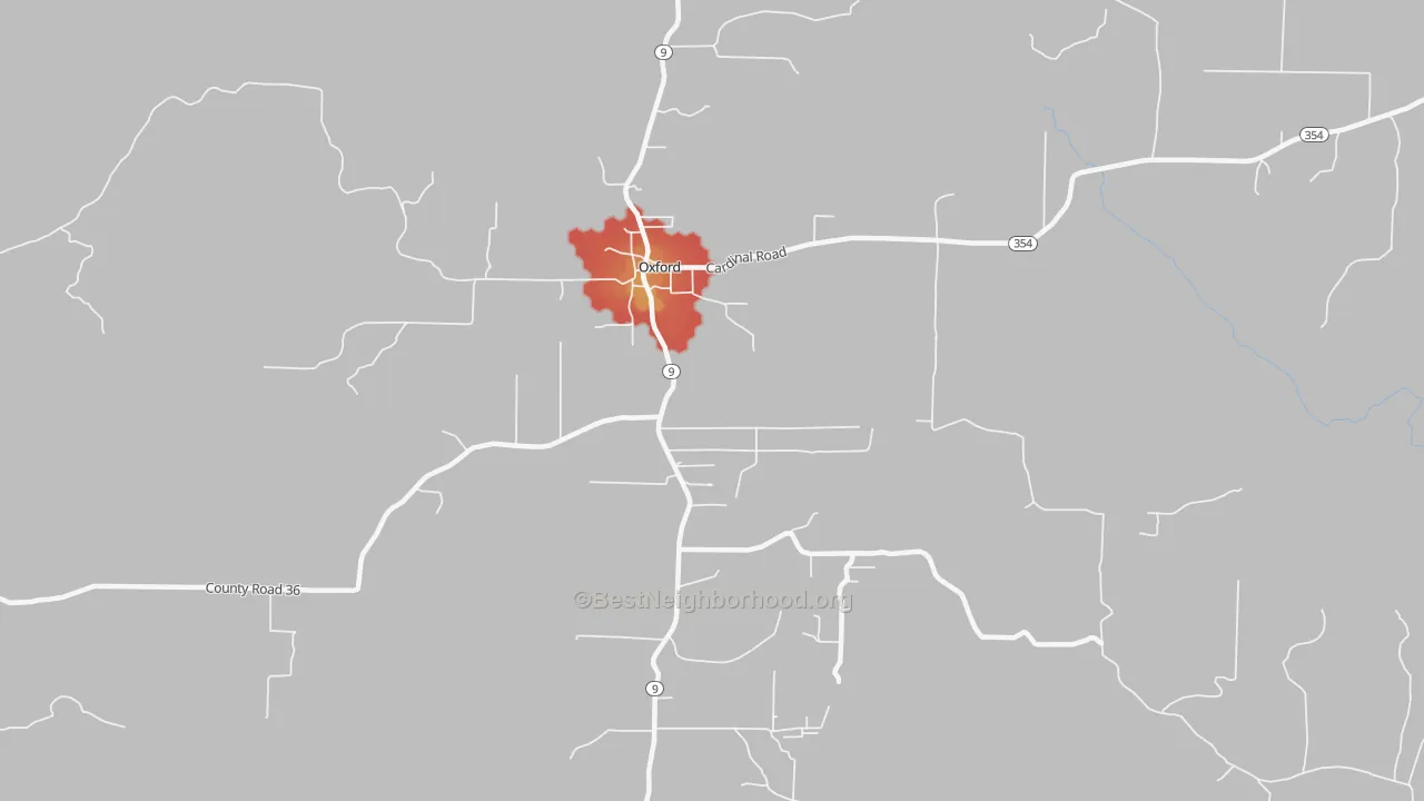 Walk Grade map of Oxford, AR, walkable areas in green and car-dependent areas in red