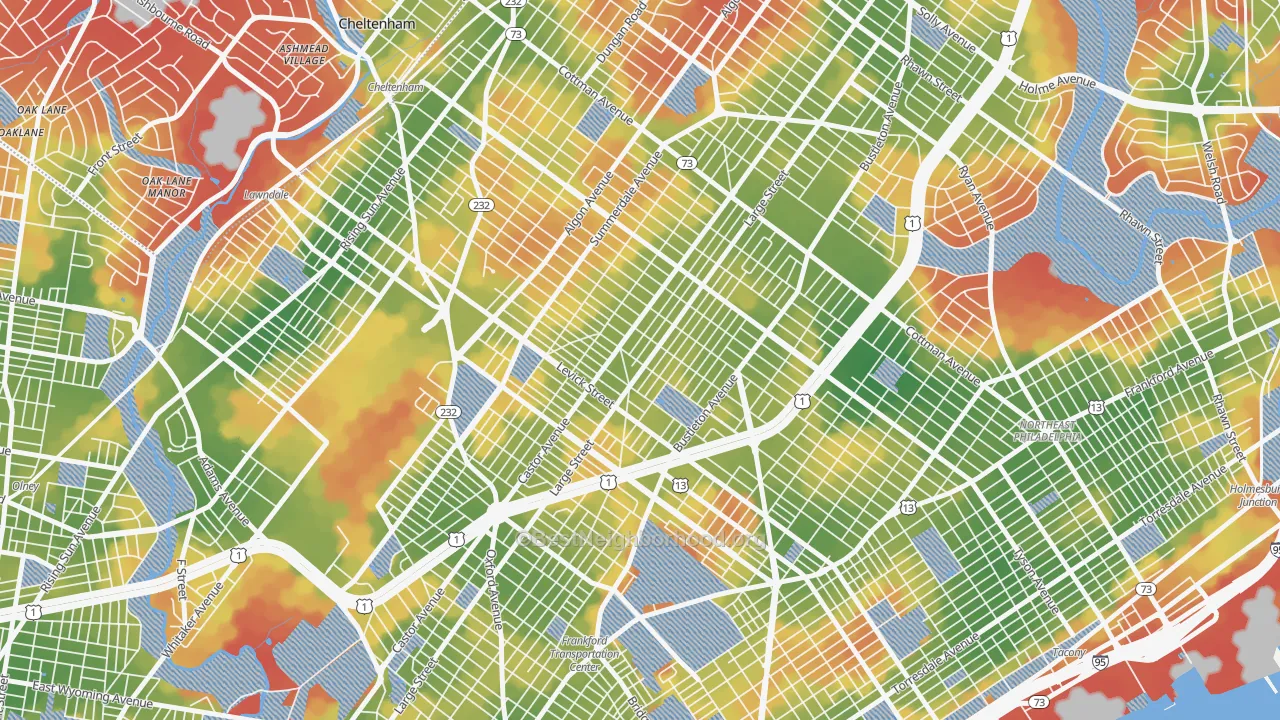 Walk Grade map of Oxford Circle, Philadelphia, PA, walkable areas in green and car-dependent areas in red
