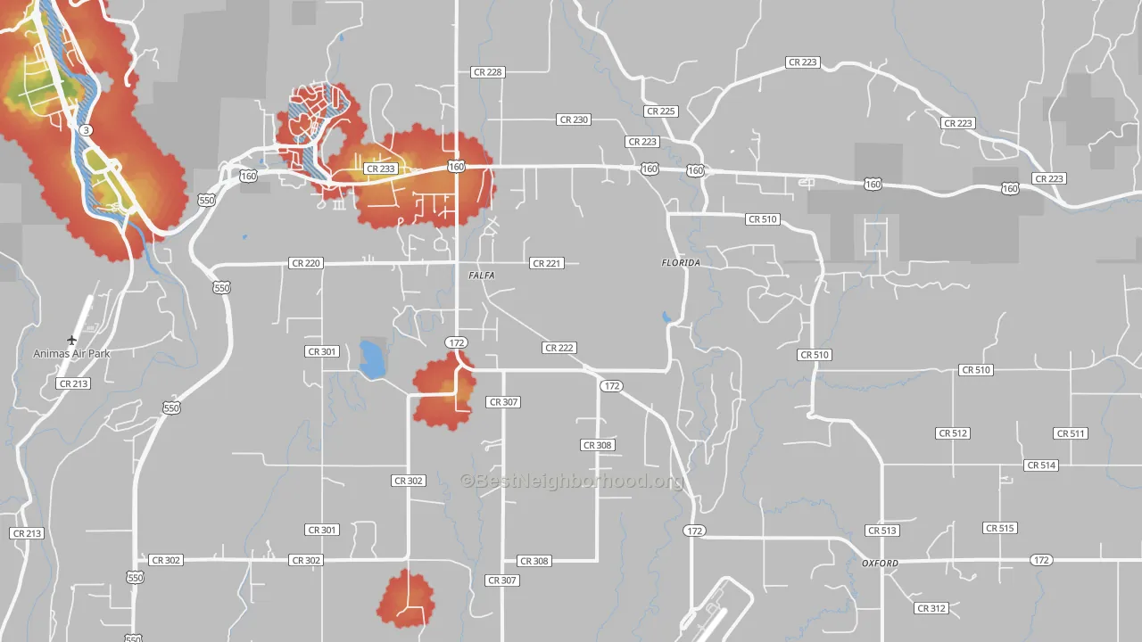 Walk Grade map of Oxford, CO, walkable areas in green and car-dependent areas in red