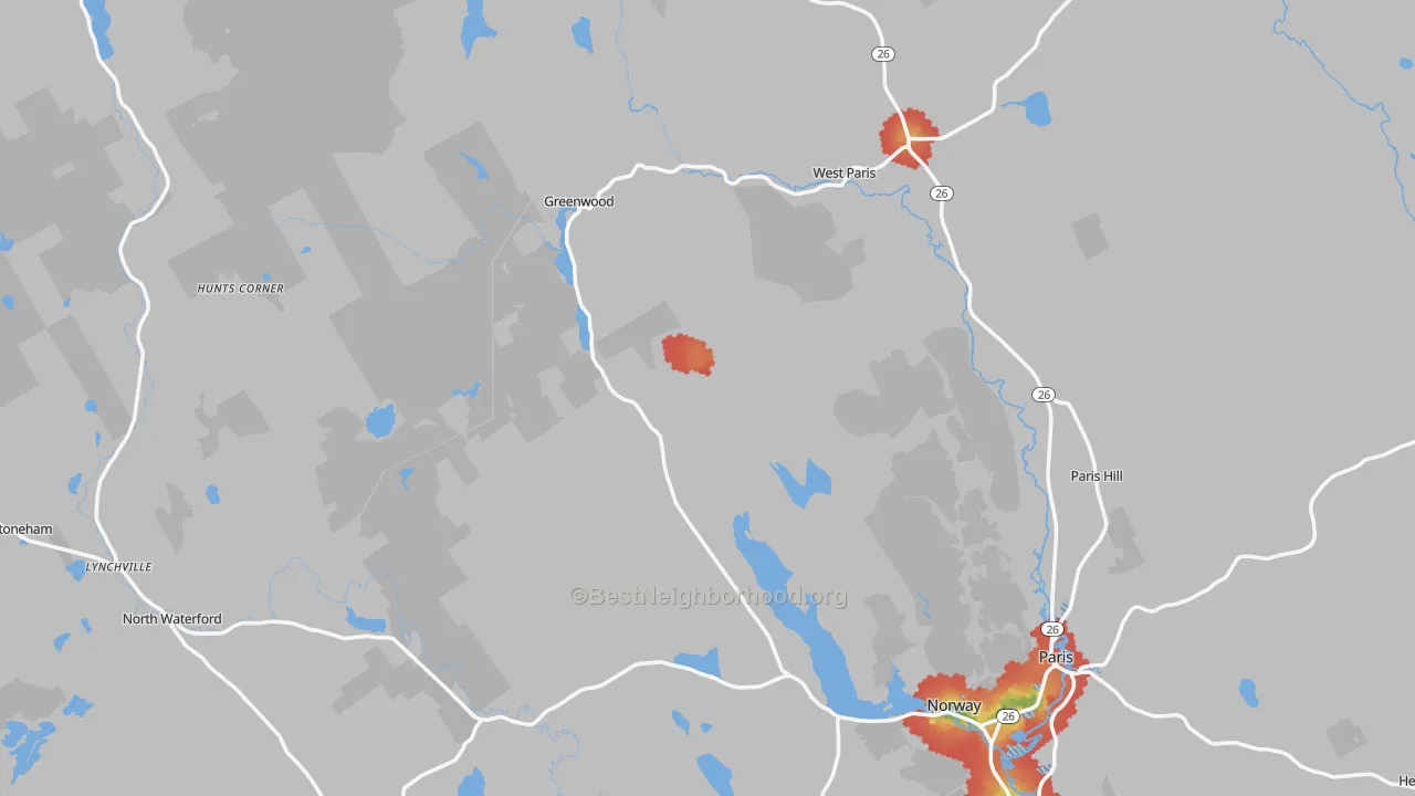 Walk Grade map of Oxford County, ME, walkable areas in green and car-dependent areas in red