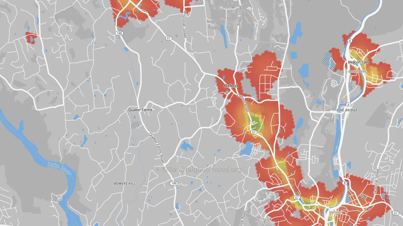 Walk Grade map of Oxford, CT, walkable areas in green and car-dependent areas in red