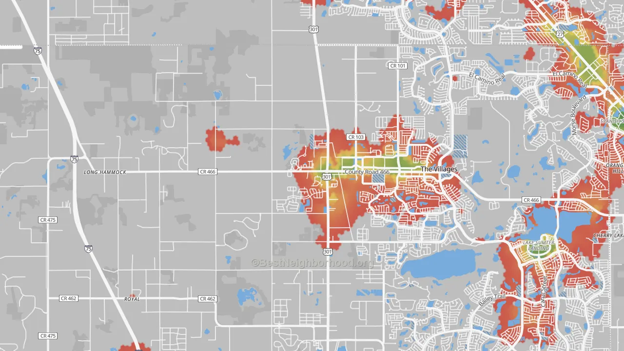Walk Grade map of Oxford, FL, walkable areas in green and car-dependent areas in red
