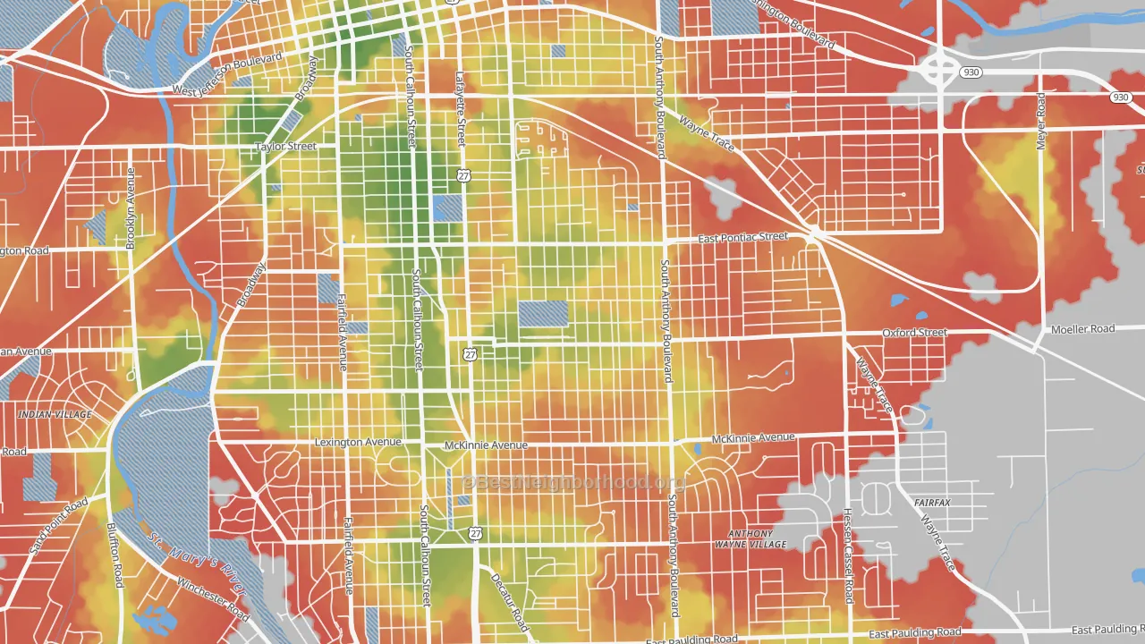 Walk Grade map of Oxford, Fort Wayne, IN, walkable areas in green and car-dependent areas in red
