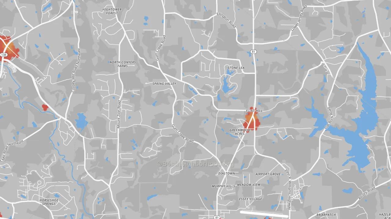 Walk Grade map of Oxford, GA, walkable areas in green and car-dependent areas in red