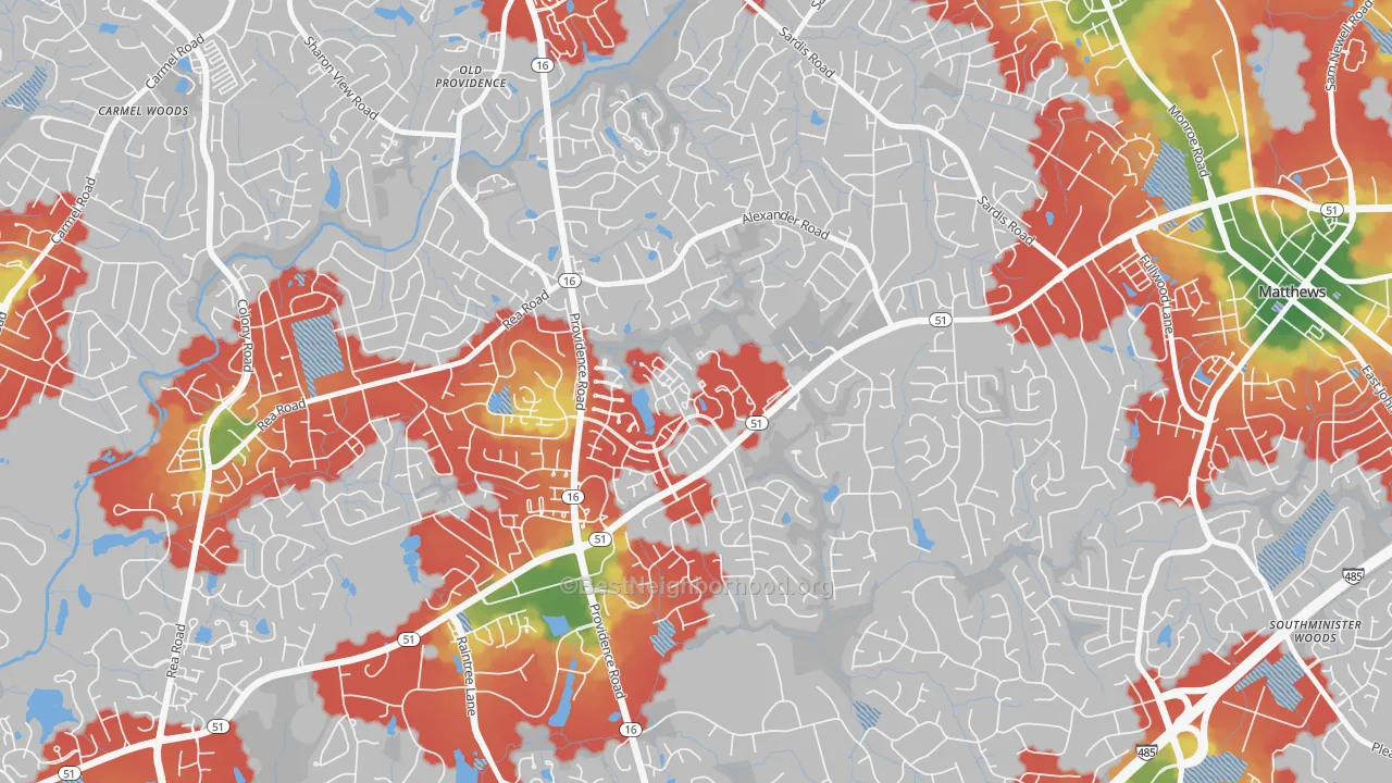 Walk Grade map of Oxford Hunt, Charlotte, NC, walkable areas in green and car-dependent areas in red
