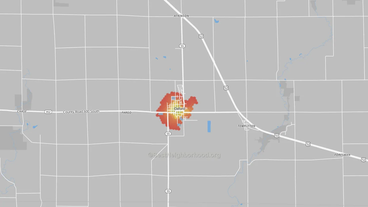 Walk Grade map of Oxford, IN, walkable areas in green and car-dependent areas in red