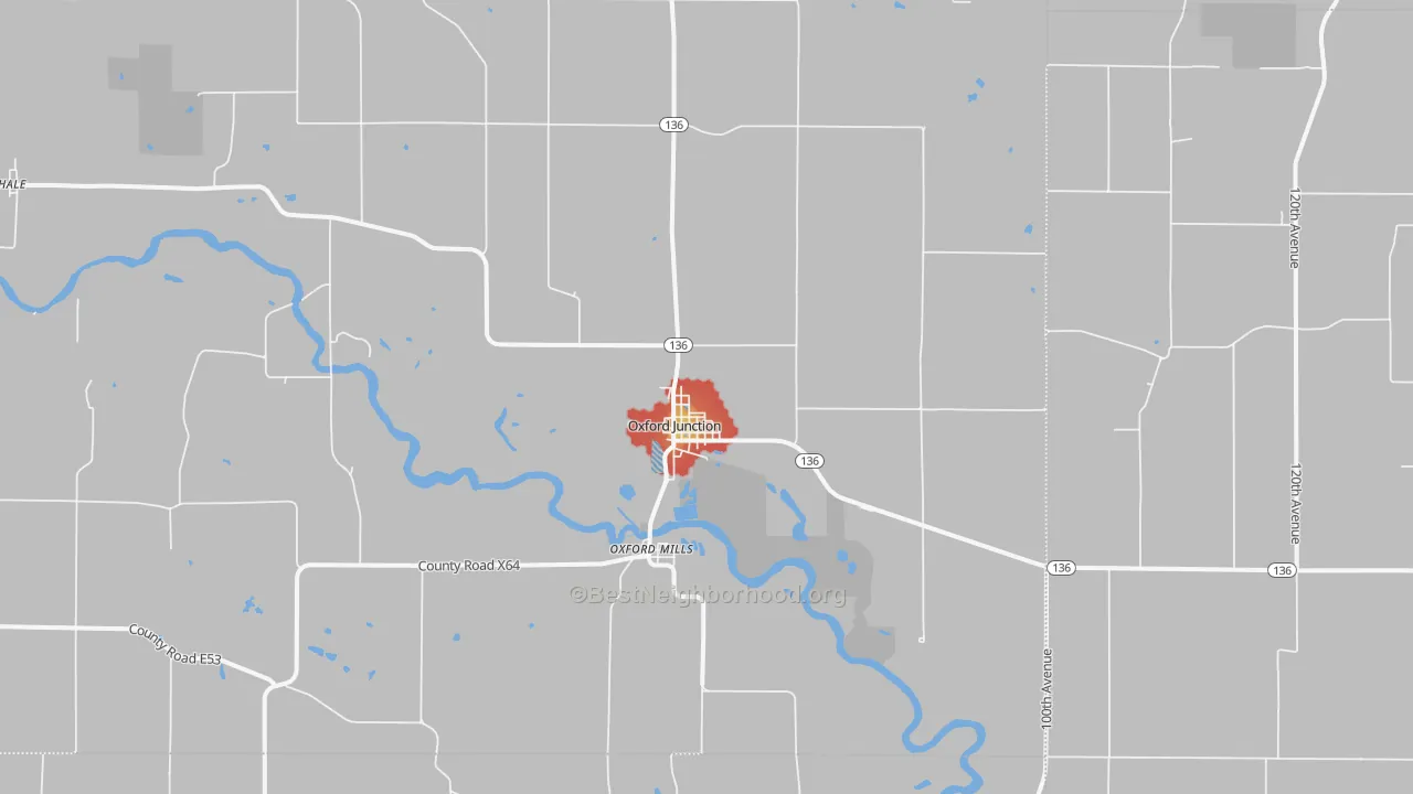 Walk Grade map of Oxford Junction, IA, walkable areas in green and car-dependent areas in red