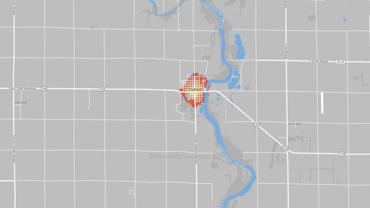 Walk Grade map of Oxford, KS, walkable areas in green and car-dependent areas in red