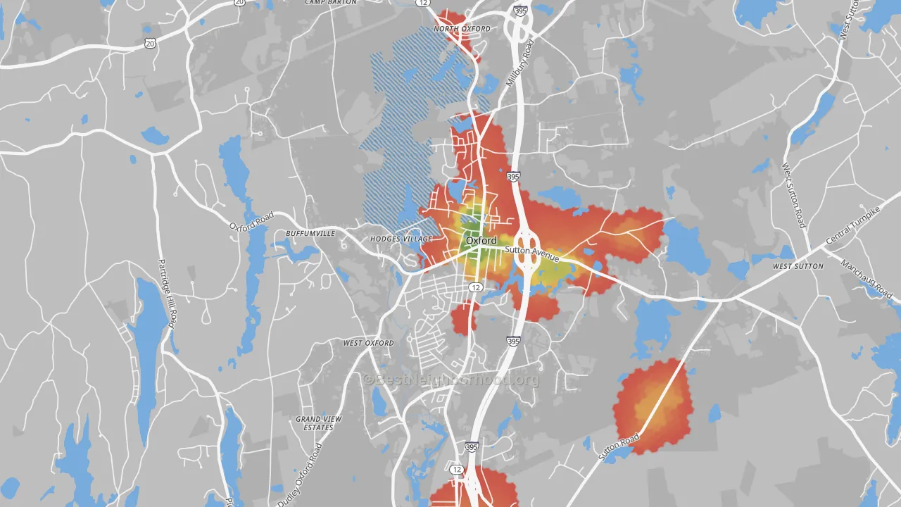 Walk Grade map of Oxford, MA, walkable areas in green and car-dependent areas in red
