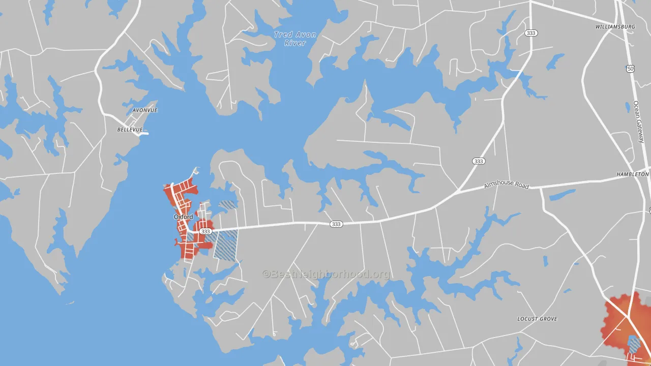 Walk Grade map of Oxford, MD, walkable areas in green and car-dependent areas in red