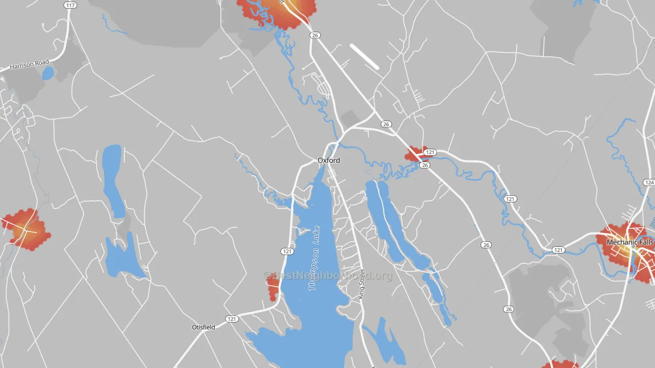 Walk Grade map of Oxford, ME, walkable areas in green and car-dependent areas in red