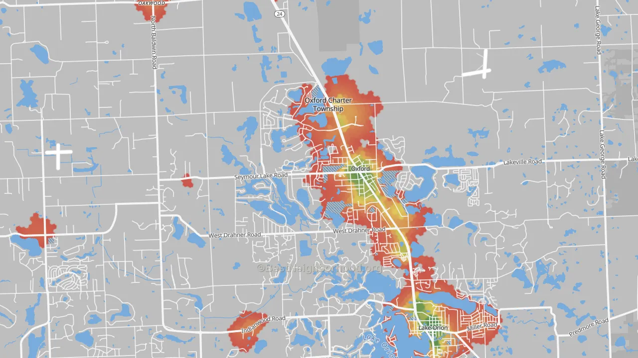 Walk Grade map of Oxford, MI, walkable areas in green and car-dependent areas in red