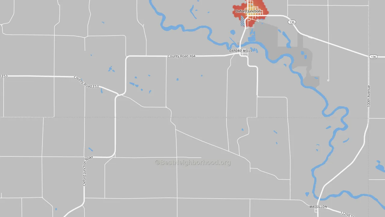 Walk Grade map of Oxford Mills, IA, walkable areas in green and car-dependent areas in red