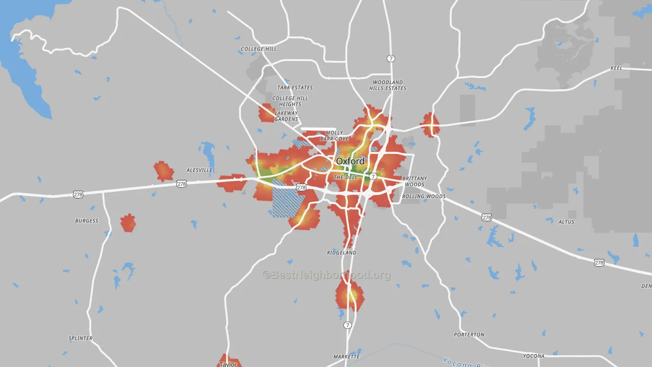 Walk Grade map of Oxford, MS, walkable areas in green and car-dependent areas in red