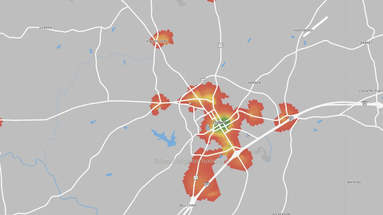 Walk Grade map of Oxford, NC, walkable areas in green and car-dependent areas in red
