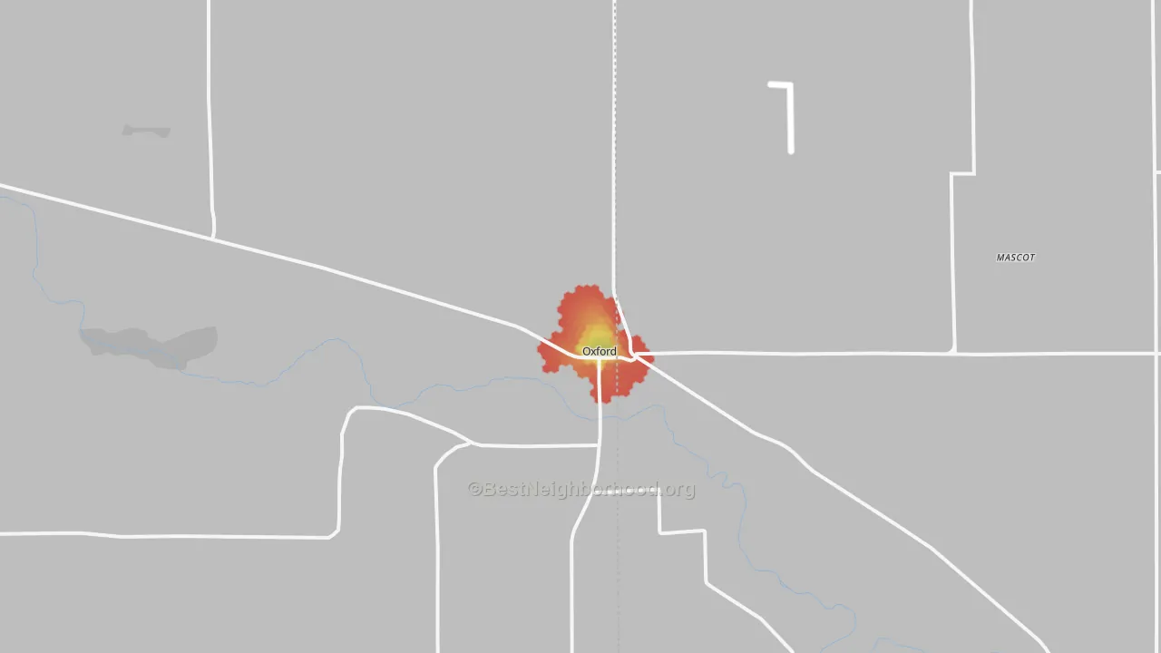 Walk Grade map of Oxford, NE, walkable areas in green and car-dependent areas in red