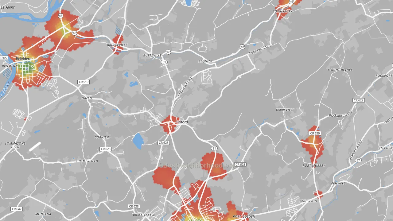 Walk Grade map of Oxford, NJ, walkable areas in green and car-dependent areas in red