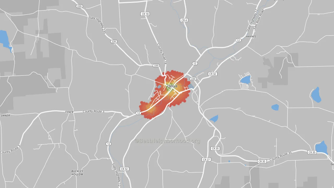 Walk Grade map of Oxford, NY, walkable areas in green and car-dependent areas in red