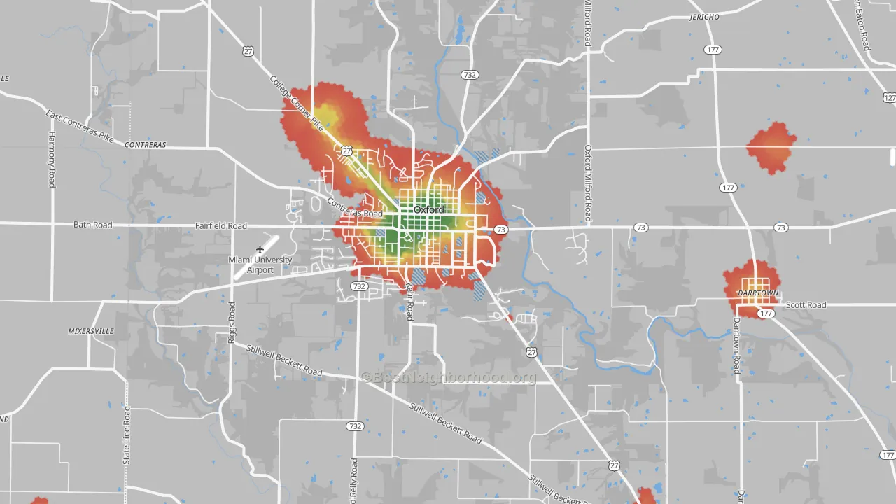 Walk Grade map of Oxford, OH, walkable areas in green and car-dependent areas in red