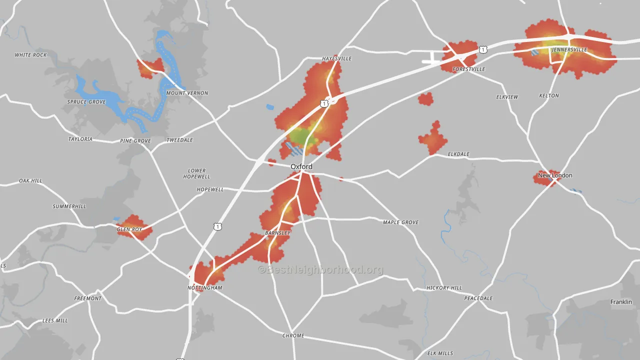 Walk Grade map of Oxford, PA, walkable areas in green and car-dependent areas in red