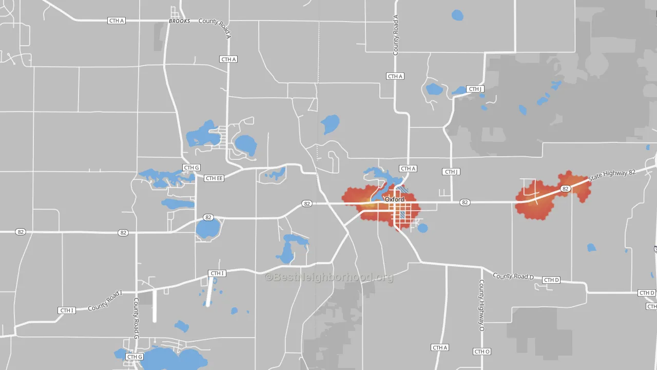 Walk Grade map of Oxford, WI, walkable areas in green and car-dependent areas in red