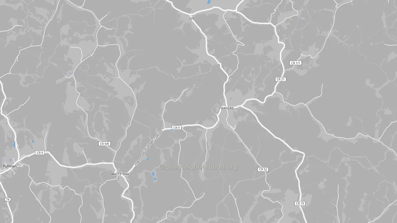 Walk Grade map of Oxford, WV, walkable areas in green and car-dependent areas in red