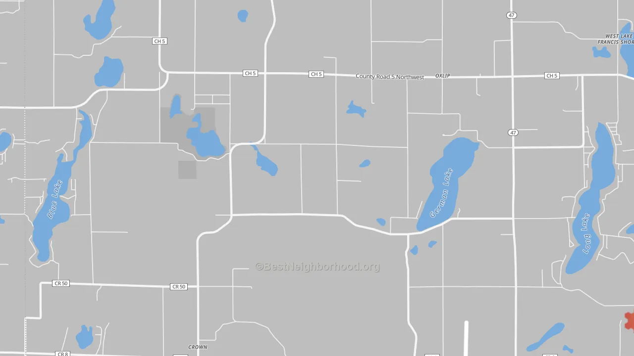 Walk Grade map of Oxlip, MN, walkable areas in green and car-dependent areas in red