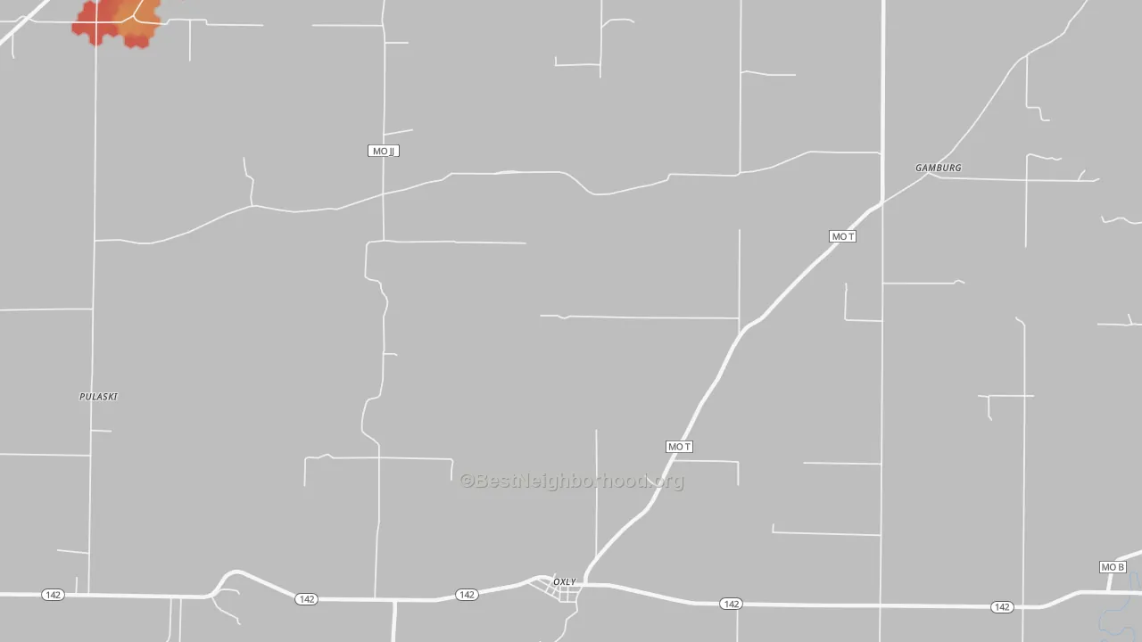 Walk Grade map of Oxly, MO, walkable areas in green and car-dependent areas in red