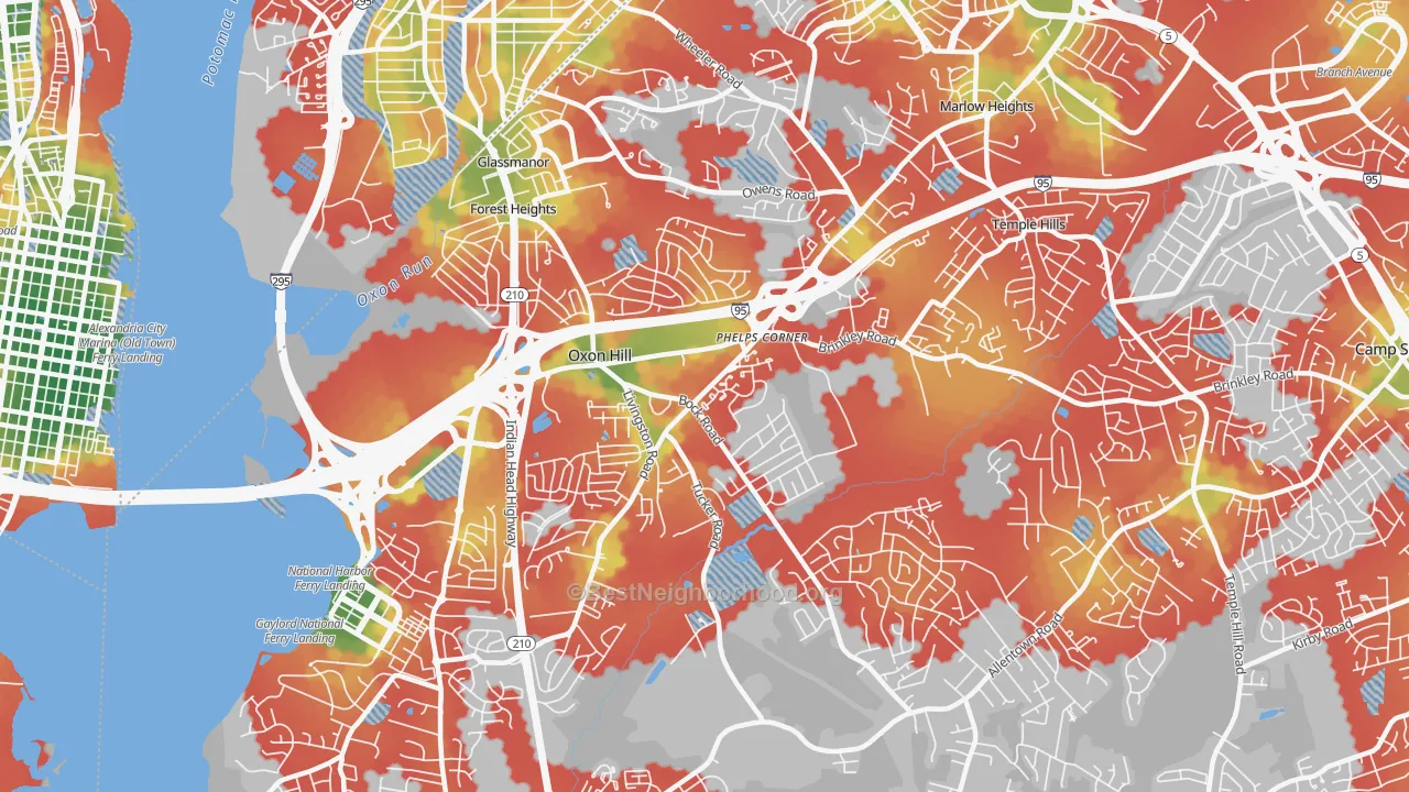 Walk Grade map of Oxon Hill-Glassmanor, Oxon Hill, MD, walkable areas in green and car-dependent areas in red