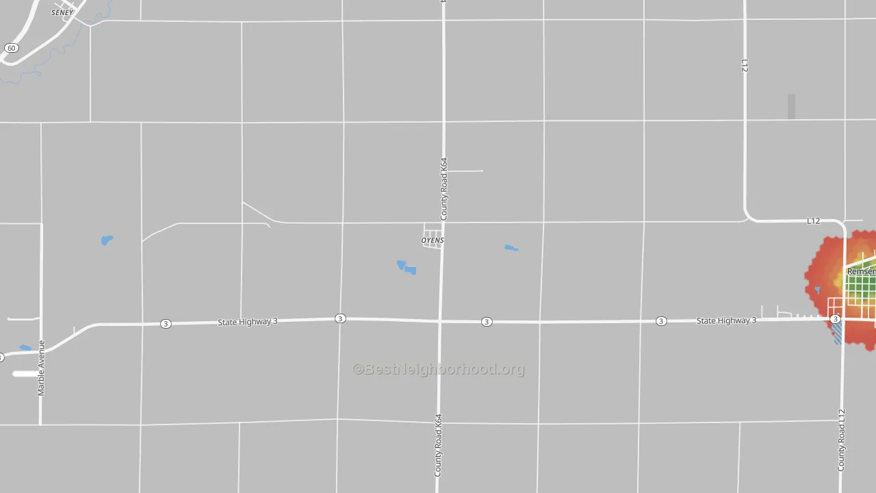 Walk Grade map of Oyens, IA, walkable areas in green and car-dependent areas in red