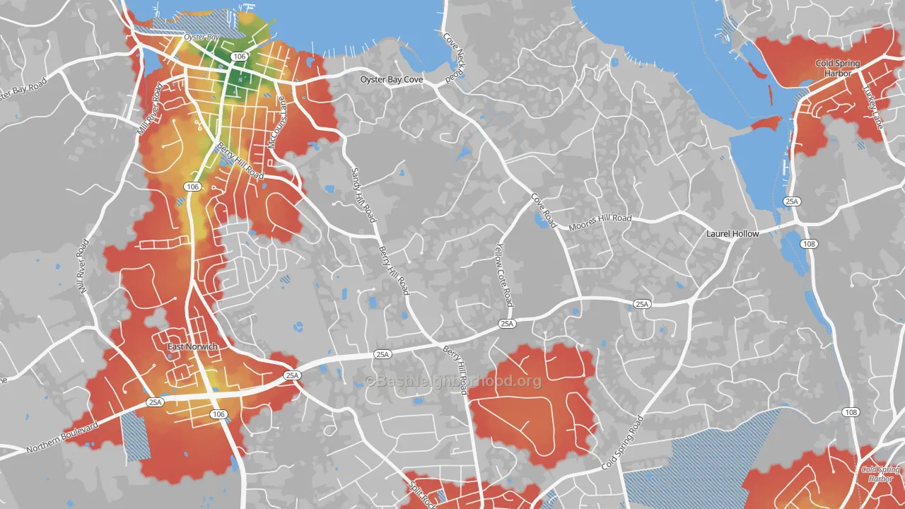Walk Grade map of Oyster Bay Cove, NY, walkable areas in green and car-dependent areas in red