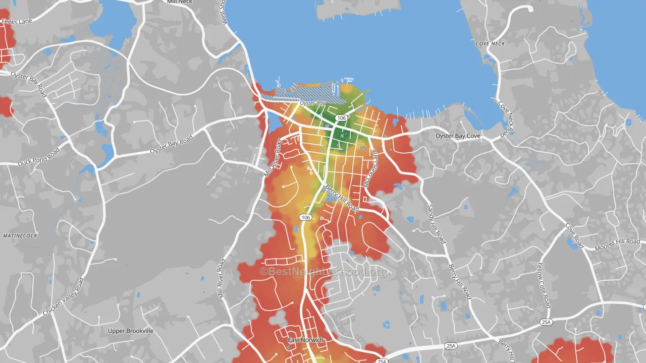 Walk Grade map of Oyster Bay, NY, walkable areas in green and car-dependent areas in red