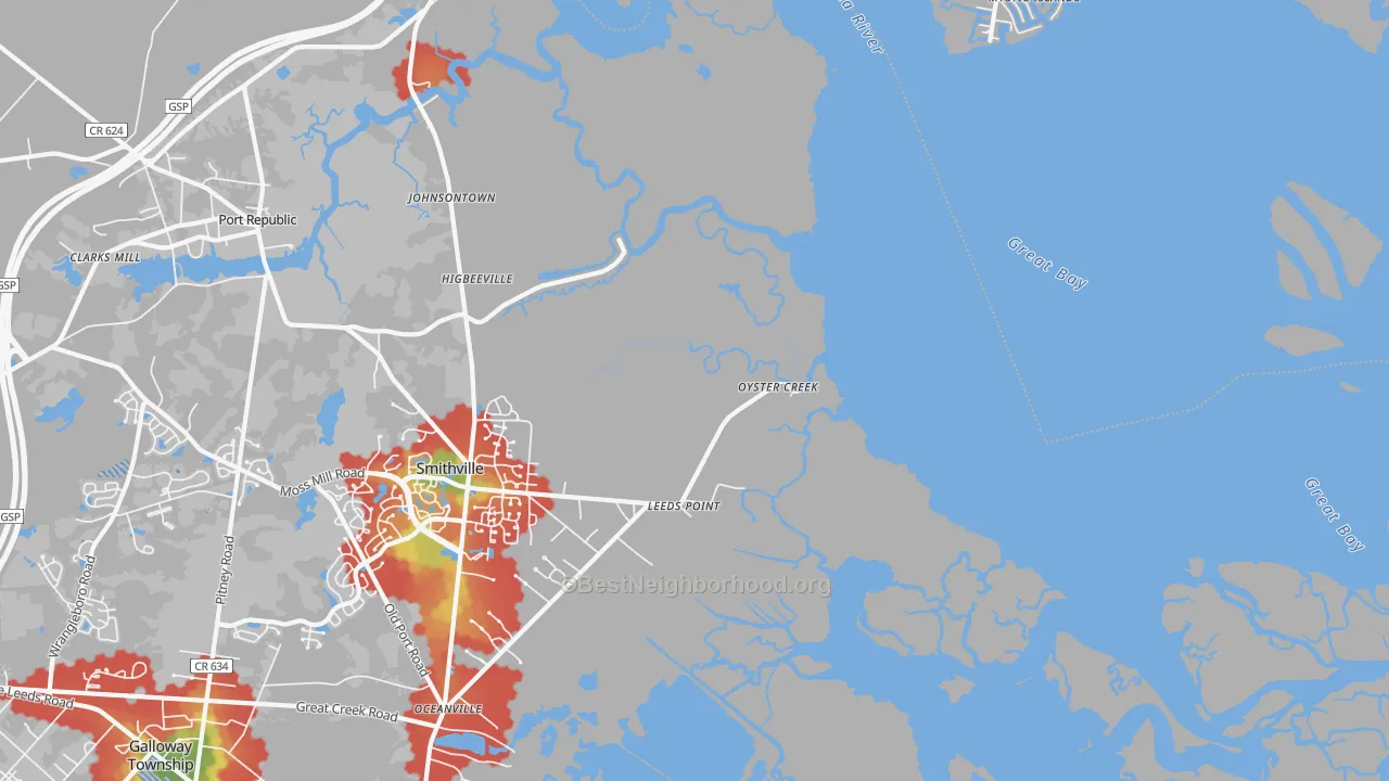 Walk Grade map of Oyster Creek, NJ, walkable areas in green and car-dependent areas in red