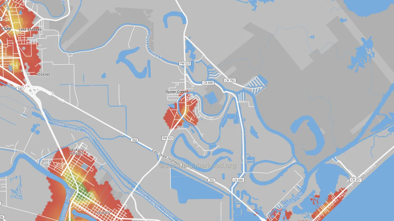 Walk Grade map of Oyster Creek, TX, walkable areas in green and car-dependent areas in red