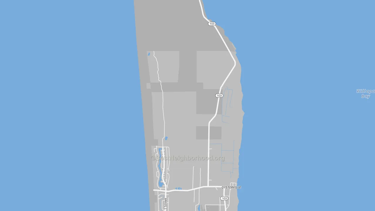 Walk Grade map of Oysterville, WA, walkable areas in green and car-dependent areas in red