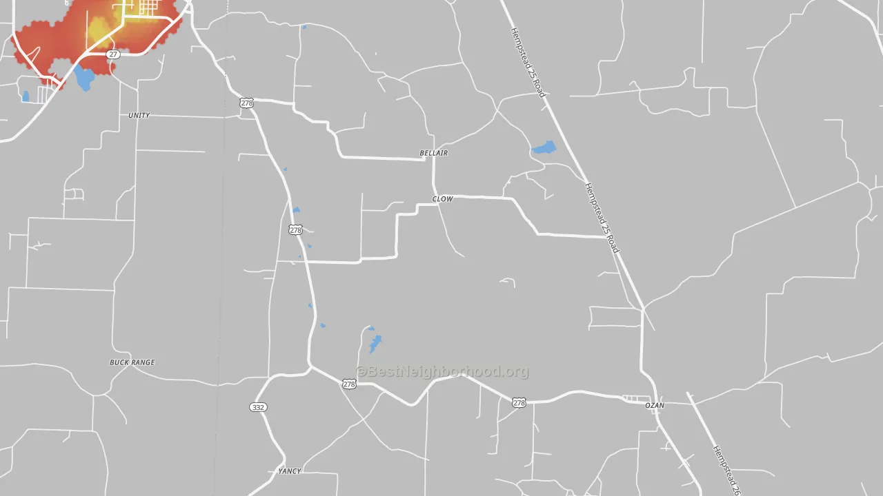 Walk Grade map of Ozan, AR, walkable areas in green and car-dependent areas in red