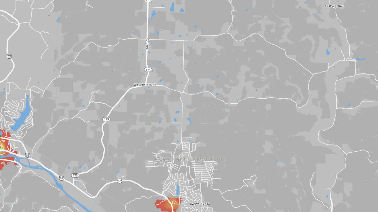 Walk Grade map of Ozark Acres, AR, walkable areas in green and car-dependent areas in red