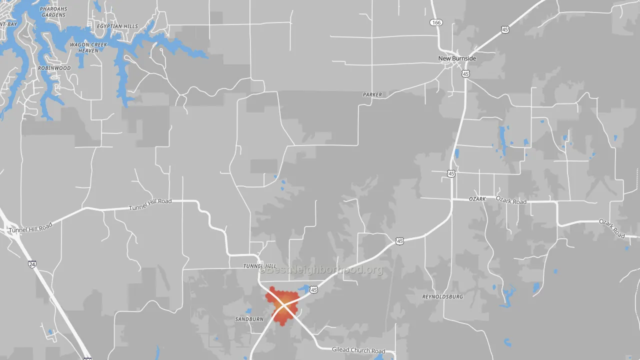 Walk Grade map of Ozark, IL, walkable areas in green and car-dependent areas in red