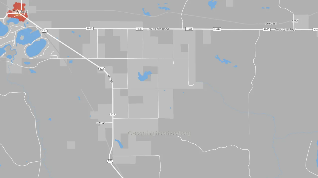 Walk Grade map of Ozark, MI, walkable areas in green and car-dependent areas in red